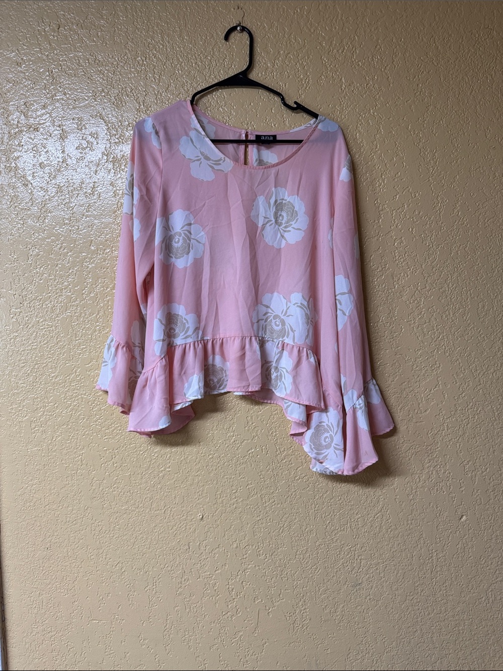 a.n.a Pink Floral Ruffle-Hem Blouse with Flared Sleeves